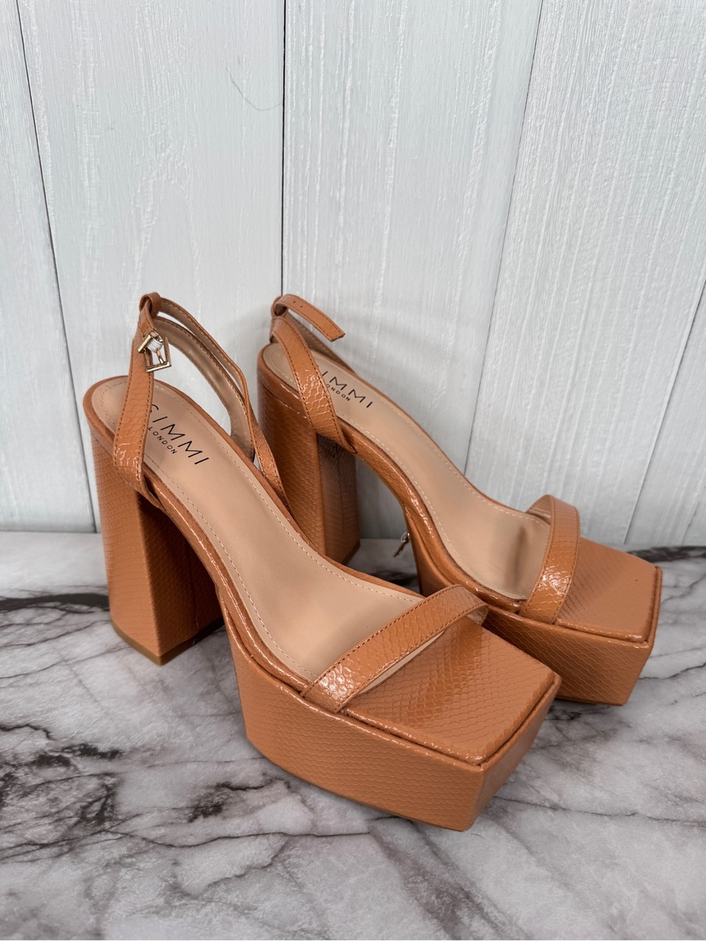 SIMMI London Tan Platform Slingback Heels 8